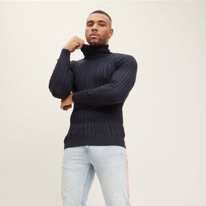 Ron Tomson Navy Roll Neck Ribbed Sweater Size XXL